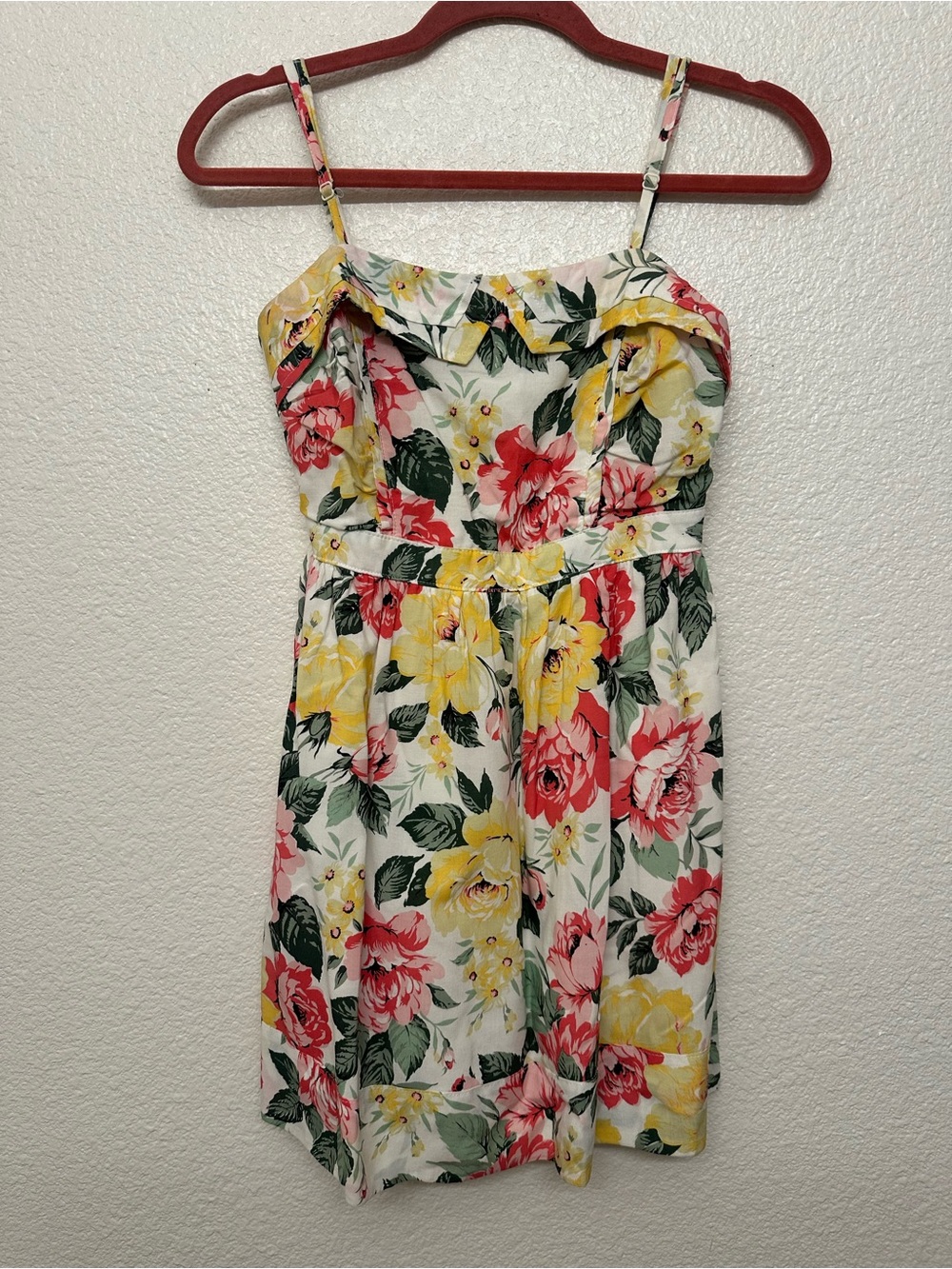 Floral Sundress with Ruffled Neckline - Yellow & Pink